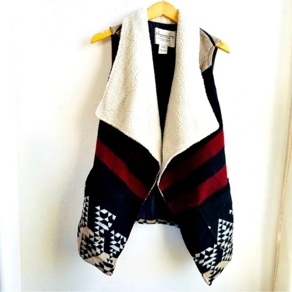 American Rag Aztec Sherpa Vest, Black / Red / Cream / Beige, Small - Picture 3 of 11